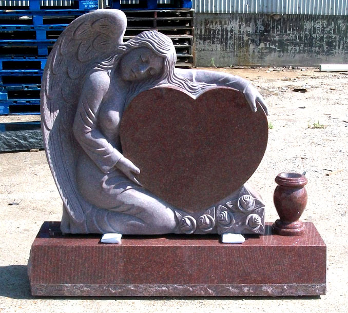 AN-01 India Red Granite Angel Monument with Polished Heart and Vase
