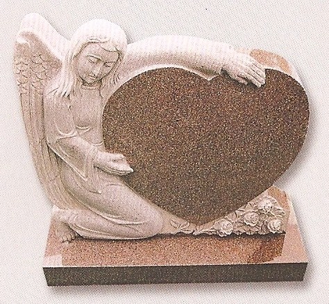 Solid granite angel embracing a heart cemetery monument